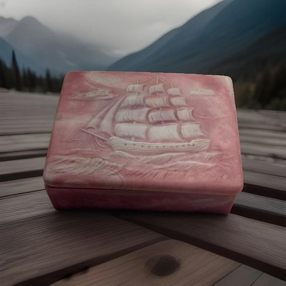 Vintage Pink Soapstone Trinket Box Rectangular Sailing Ship Relief‎